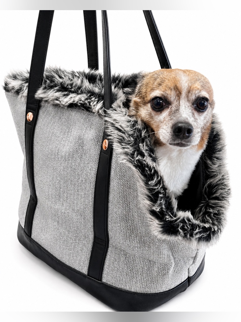 Modern Luxe Collection Fur Lined Pet Carrier Bag with Handles and Mesh Zip-to - Picture 2 of 8